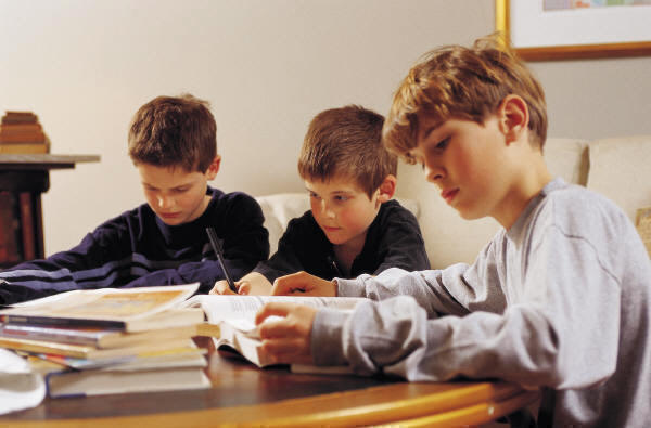 3 boys at table working together with research books
